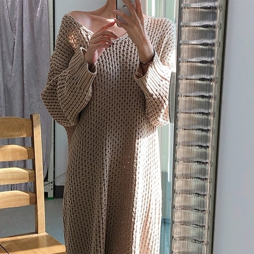 ワンピース マキシ丈ワンピース ニットワンピース 長袖 ボリューム袖 ボートネック マキシ丈 かわいい 大人可愛い きれいめ シンプル 上品 おしゃれ カジュアル こなれ感 個性的 主役級 存在感