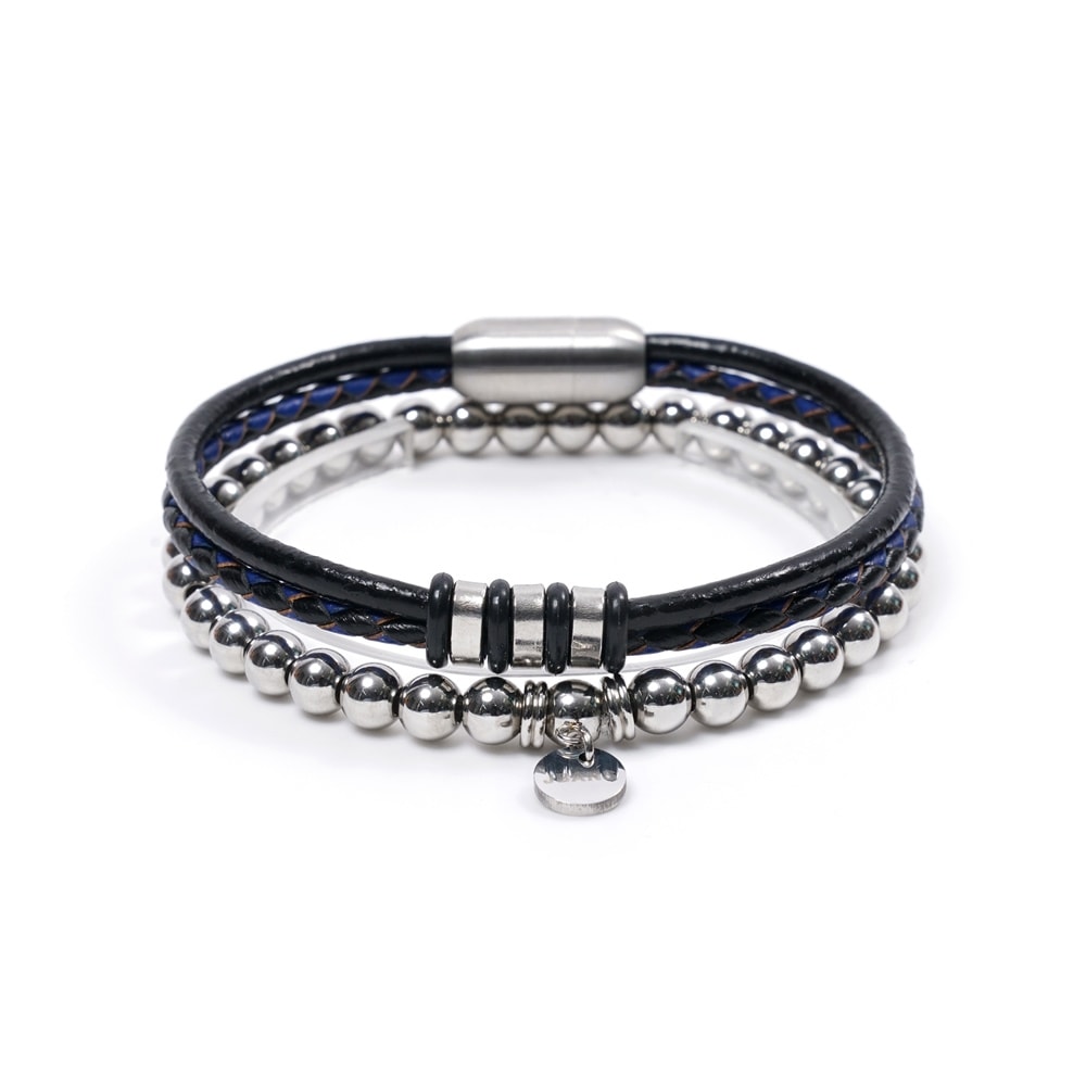 JBANS クラシック 2トーンダブルレザー 692BL サージカルスチール 6 ボール 700 ブレスレットセット (C2101-SE165_BL)