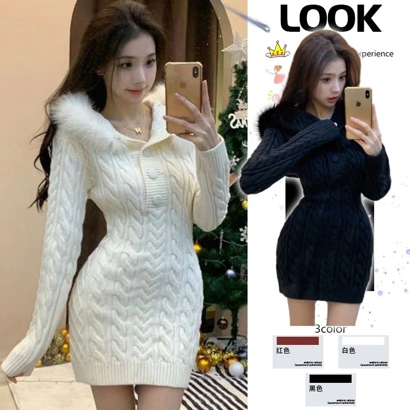 の優しさ系女性新型韓国版ファッション気質ニットワンピースウエストを収めて毛並みを整えたスカート