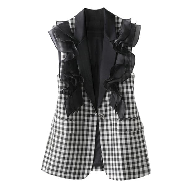 ジレ レディース ギンガムチェックフリルジレ 大人可愛い ママコーデ 韓国 人気 トレンド 新作 20代 30代 40代 きれいめ レトロ シンプル お出かけ デート おしゃれ 通勤 通学 オフィス