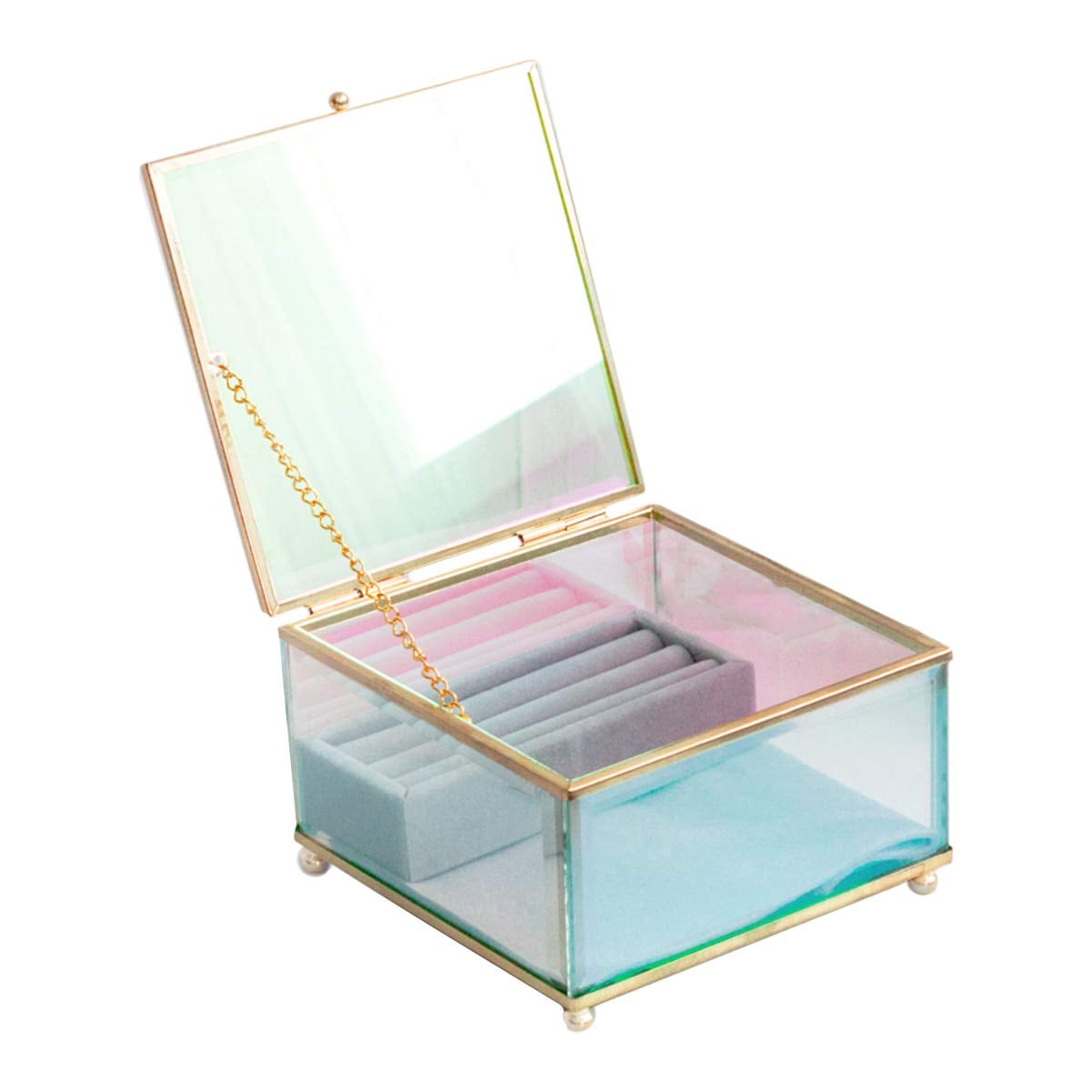 Moosy life AB61ジュエリーボックス アクセサリー 指輪 ピアス イヤリング ネックレス 収納　ガラス　オーロラ　透明　金属フレーム　おすすめ贈り物