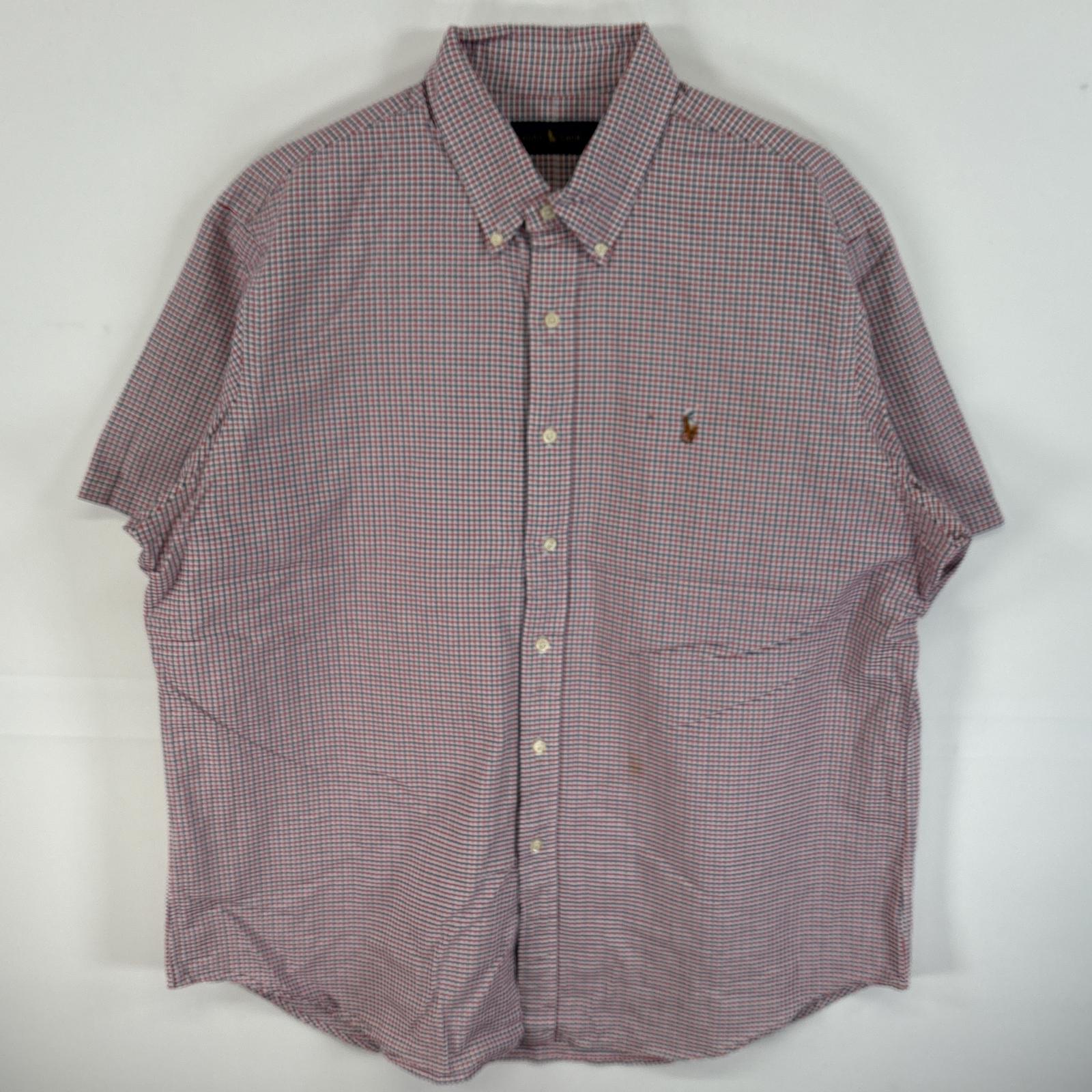 古着 半袖シャツ ワンポイント ロゴ 刺繍 ボタンダウンシャツ ボタンシャツ XL レッド系 チェック メンズ