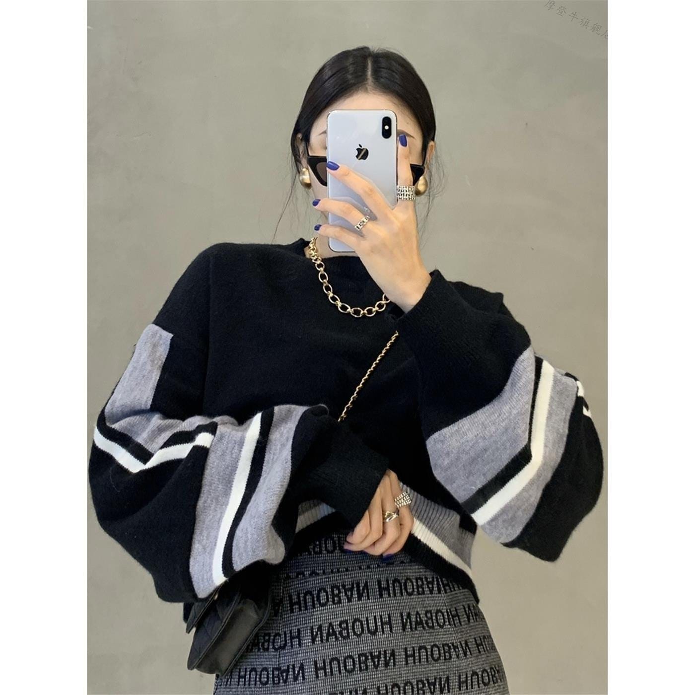 カシミヤタッチ 韓国ファッション パッチワーク コントラストカラー 精緻 セーター プルオーバーデザイン ゆったり アンダーウェア ゆったり ニットカーディガン ショート 長袖 トップス