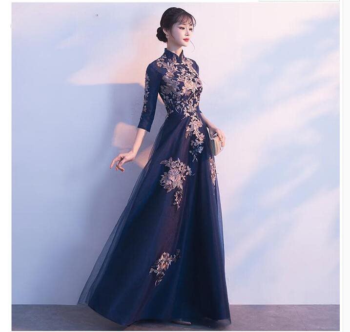 立ち襟 刺繍 マキシ丈ワンピース ロングドレス お呼ばれドレス パーティードレス レースドレス 二次