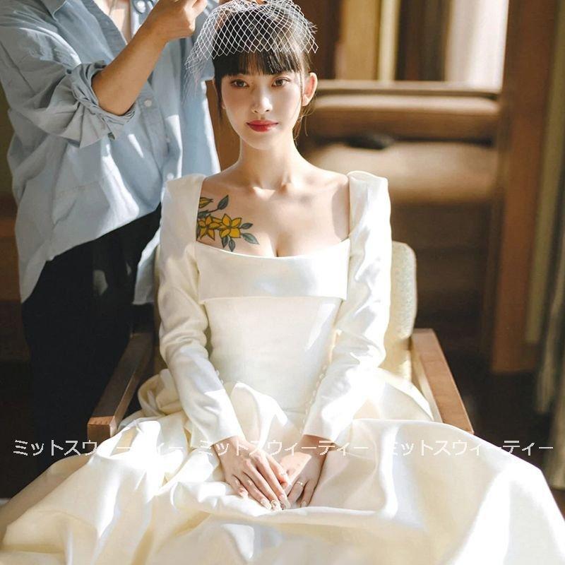 韓国ファッション白 披露宴 大きいサイズ 演奏会 ロングドレス 長 結婚式 スクエアネック ブライダル ウェディングドレス パーティードレス Aラインドレス 花嫁 二次会 シンプル 11,362円