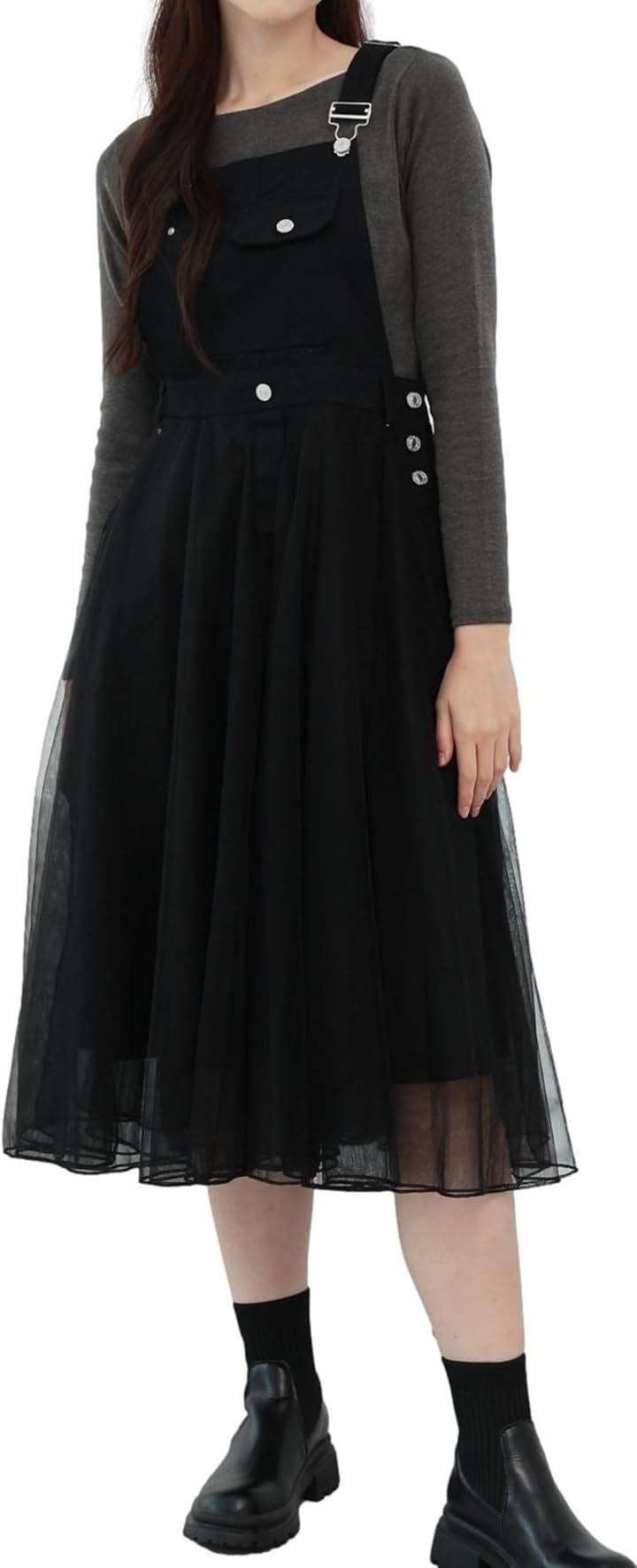 大人 サロペット デニム チュール ドッキング ジャンパー スカート オーバーオール(ブラック, L)