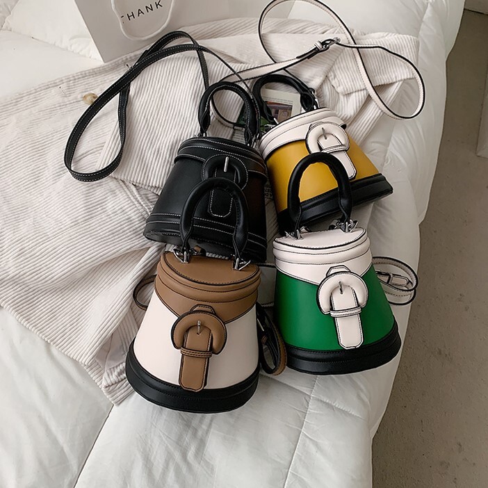 配色バケツ型２WAYミニショルダーバッグ レディース バッグ カバン かばん 鞄 レディースバッグ ショルダーバッグ ハンドバッグ 肩がけバック ミニバッグ 2way ラウンド型 フェイクレザー 異素