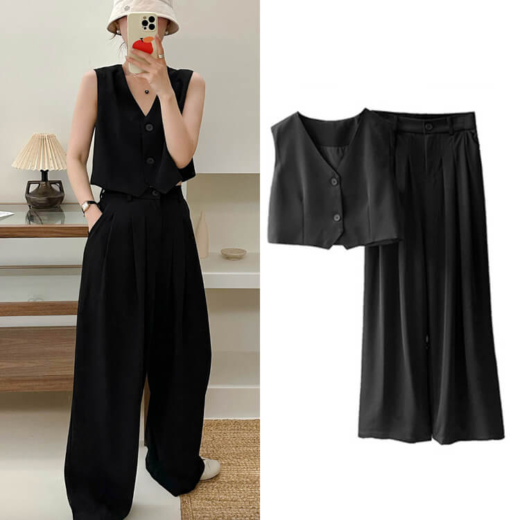 セットアップ レディース 韓国 ベスト ワイドパンツ 無地 黒 ブラック ロングパンツ ショート丈 ノースリーブ 上下 Ｖネック おしゃれ