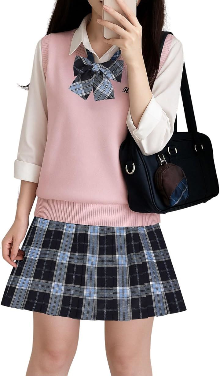 制服 女子高生 コスプレ ニット チェックスカート 長袖シャツ リボン かわいい 洗える 4点 セット ピンク系(ピンクS)