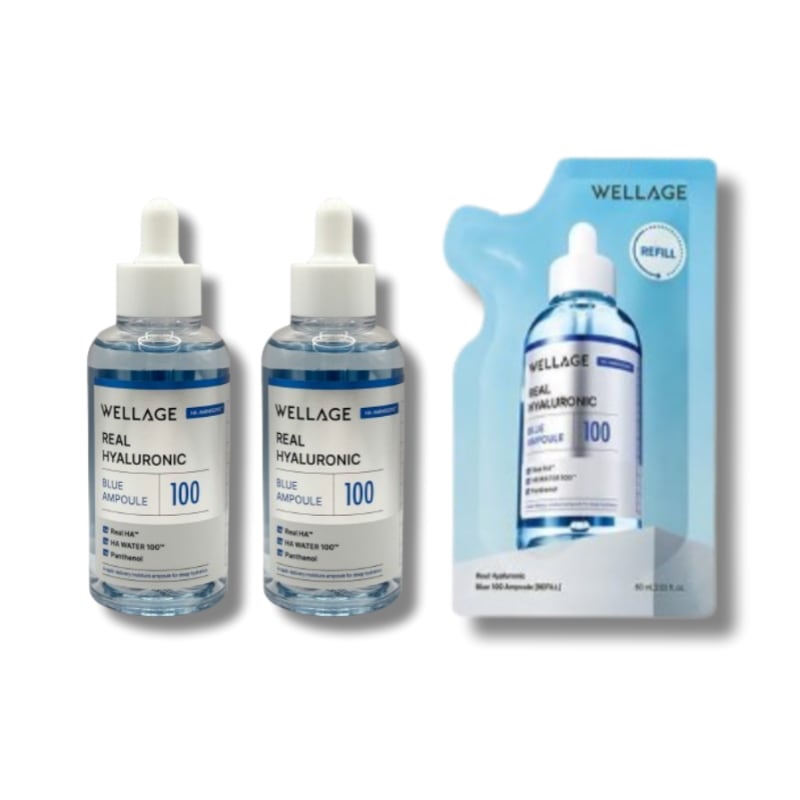 [大容量セット]リアル ヒアルロニック ブルー 100 アンプル 75ml×2個+リフィル 60ml×1個+GIFT クリーム 20ml+日焼け止め 10ml 無香 無着色 低刺激