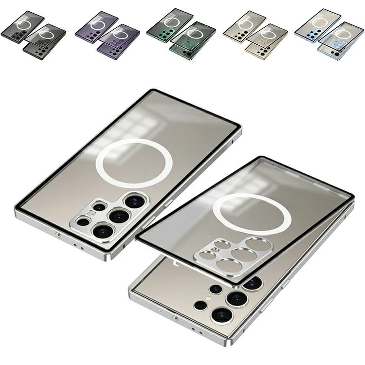 Galaxy S25 ケース アルミ バンパー S25+ S25 Ultra カバー アルミバンパー Qi充電 ワイヤレス充電 対応 カメラレンズカバー付き マット仕様 背面半透明 ロック付きマグネッ