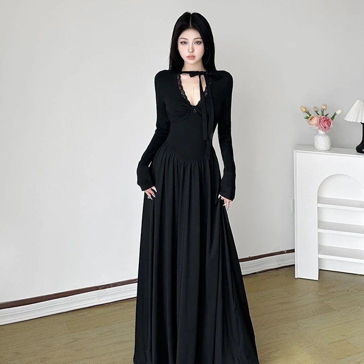 25 ロングワンピース マキシ丈 ワンピース 長袖 系ファッションフィット パーティー切替きれいめ リブフレンチレディース 色っぽ 女っぽ黑白カジュアル大人