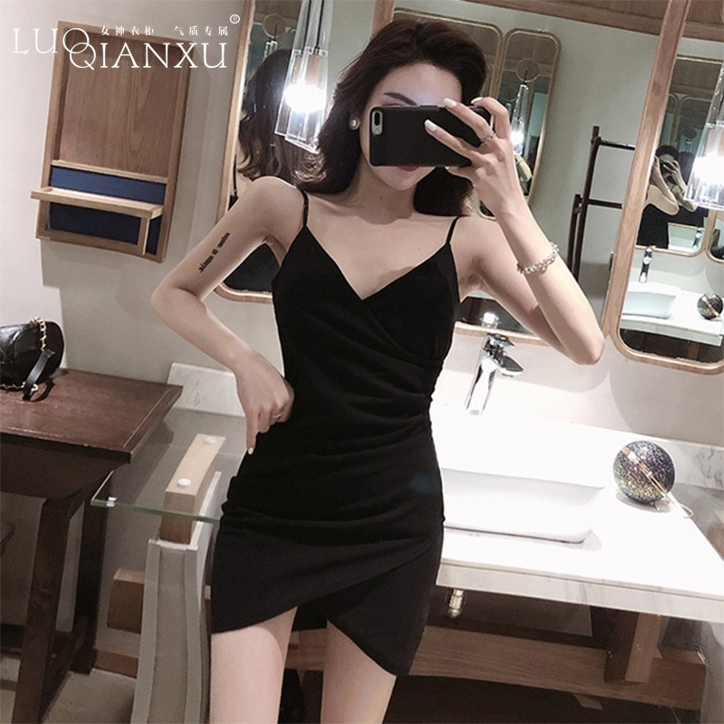 2025新型 レディース ガールズ セクシーvネック黒ギャルストラップ純欲包尻ワンピース女夏小柄