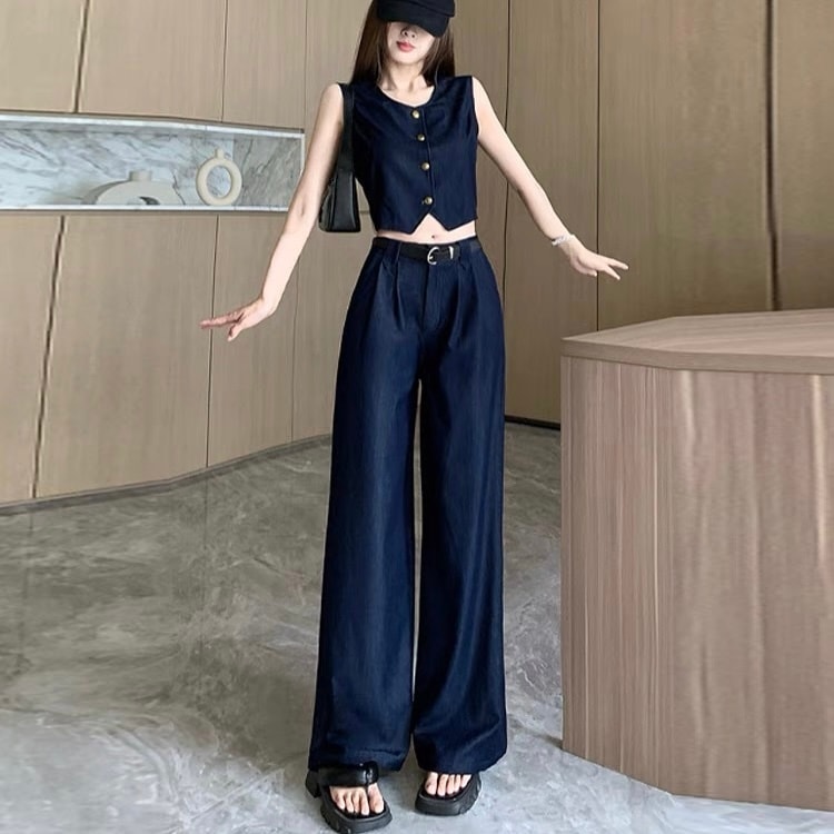 セットアップ 韓国風 オルチャン デニム風 タック入り ベスト ボトムス パンツ トップス ズボン ストレートパンツ ワイドパンツ 袖なし ノースリーブ ワイド ストレート Iライン 上下セット