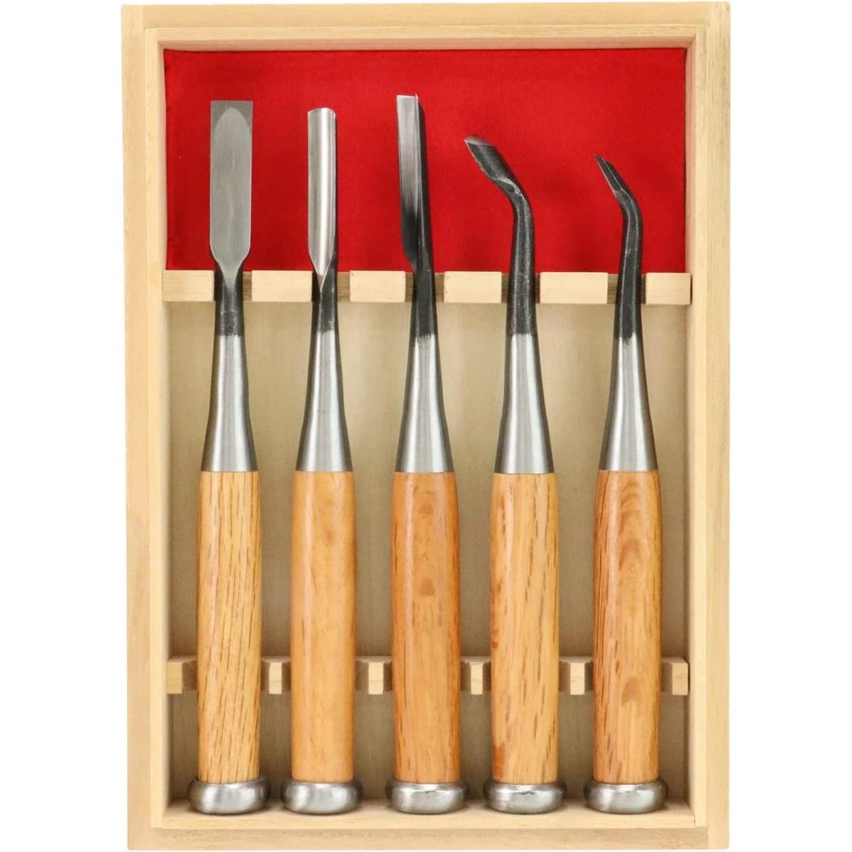河清 叩木彫のみ 真 5本組 木彫 彫刻 与板利器 ノミ 鑿 彫刻刀 彫 平12mm 丸9mm 三角7.5mm 丸曲15mm 平曲9mm
