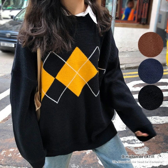 アーガイル柄が可愛いカジュアルニット オーバーサイズ め カジュアルテイスト 物 セーター トラッド風夏 夏服 韓国ファッション