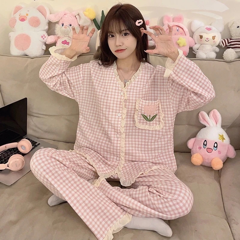 パジャマ2024春新作ワッフルパジャマ女性スウィートチェック柄長袖ファットプラス大きいヤードホームウェア2点セット