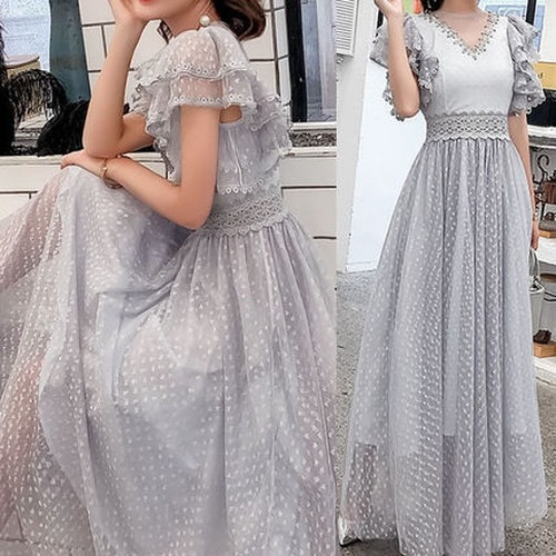 可愛い ハート チュール レース フリル スリーブ マキシ丈 ロングワンピース 結婚式 二次会 パーティー J-010