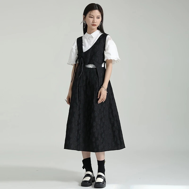 ノースリーブ シャツワンピース ブラックプレートボタンバックドレス/ノースリーブホローアウトドレス