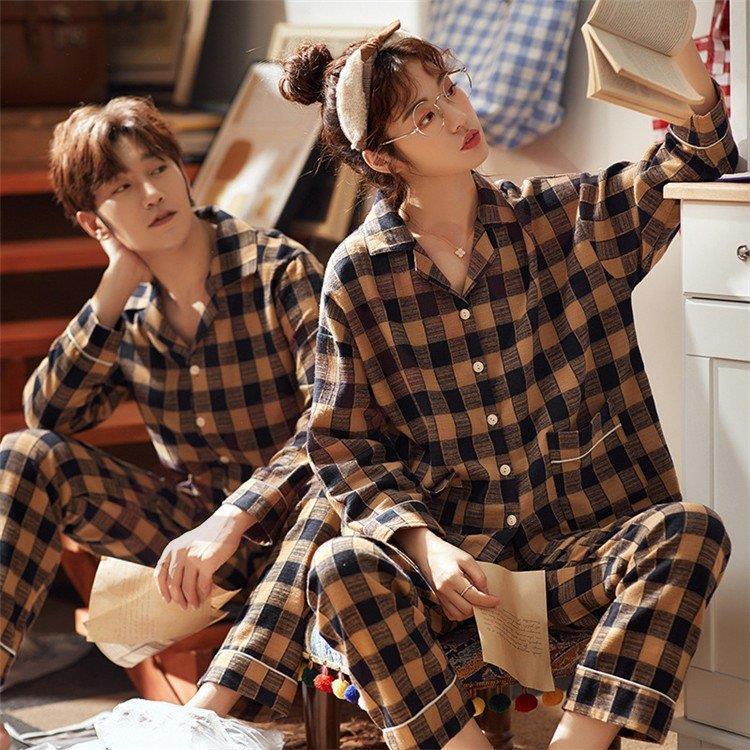 2点パジャマカップルペアルックルームウェア純綿ペアパジャマ長袖　チェック柄パジャマペアルックお揃いレディースメンズネグリジェレディース