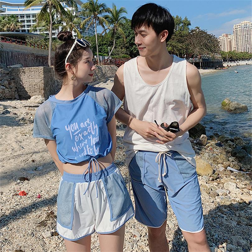 レディース 海パン ショートパンツ 夏ペアルック タンキニ カップル水着 柄物 半袖上着 男女ビーチウェア 水着セット サーフパンツ メンズ