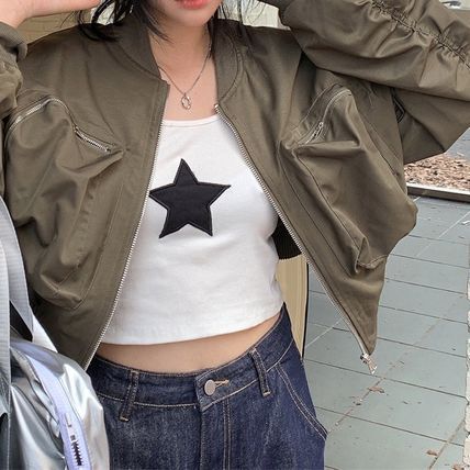 クロップド丈 MA-1 ビッグダブルポケット カーキ アウター トレーナー ベスト 上着 ナイロンジャケット 丸襟 ナイロン シンプル カジュアル かっこいい レトロ エキゾチック ラフ 個性的