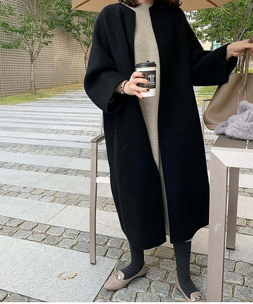コクーン コート ノーカラー ウールタッチ 韓国 アウター無地 ミディアム パーティースタイル ホームパーティーアイテム ガウンコート オフィススタイル エレガントスタイル カジュアルスタイル