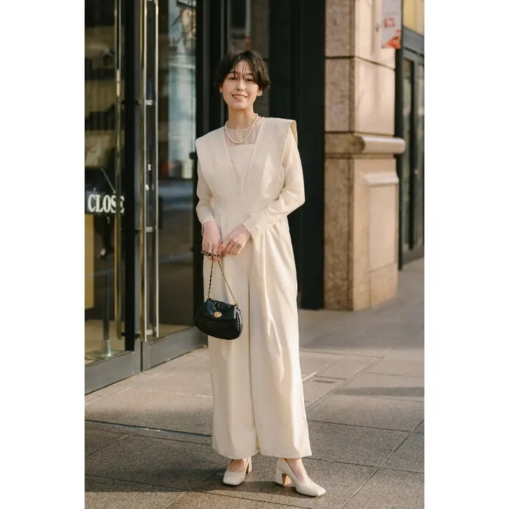 ENC エンク sheer blouse × deep V neck tuck overall / シアーブラウス×杢調ディープVネックタックサロペット 77-004696
