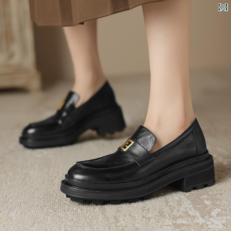 ローファー レディース 通学 通勤 学生 カレッジ 仕事 オフィス レトロ 革 ハイヒール 厚底 小さい 革靴 女性 英国 スリッポン ラウンドトゥ 深口