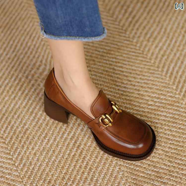 ローファー レディース オフィス カレッジ 通勤 通学 仕事 英国風 春 婦人靴 革 厚底 レトロ ミドル ヒールシューズ ブラウン 快適 つま先 小さめ 革靴 ソフト