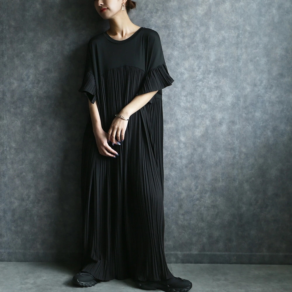 ワンピース 半袖 ゆったり プリーツドッキングリラックスワンピース ロングワンピース 体型カバー シンプル きれいめ ブラック 20代 30代 40代 50代 送料無料