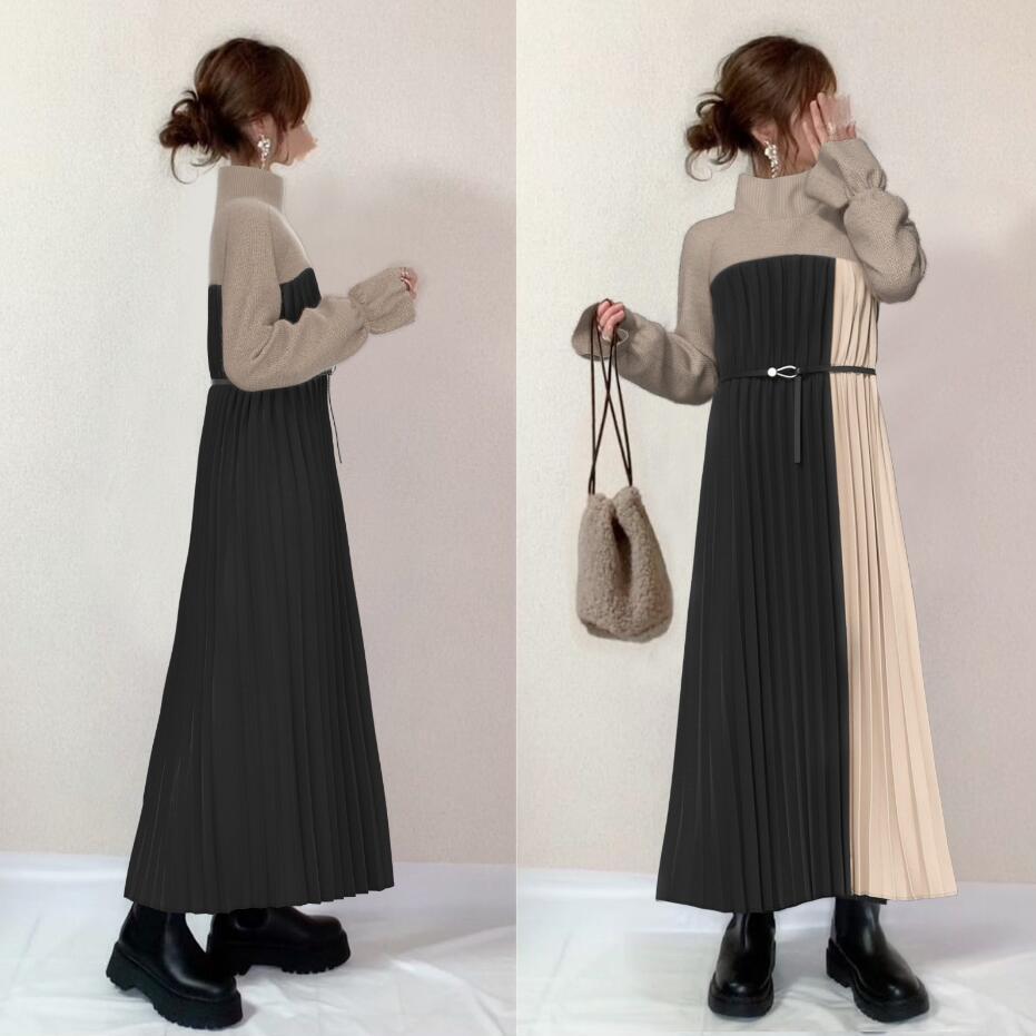 【送料無料】韓国ファッション ニット 切り替え ワンピース ロングワンピース 大きめサイズ ワンピース ワンピース 秋冬 長袖 Tシャツワンピース