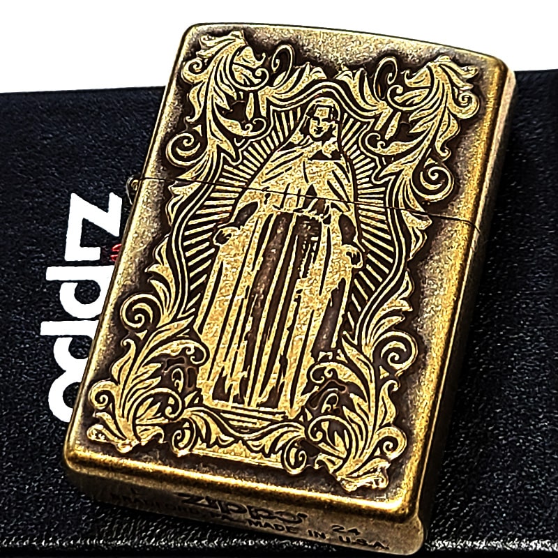 ZIPPO ディープエッチングアラベスクマリア ジッポ ライター 逆エッチング 御守り 彫刻 真鍮古美 アンティークゴールド 両面柄 かっこいい 女性 メンズ レディース ギフト