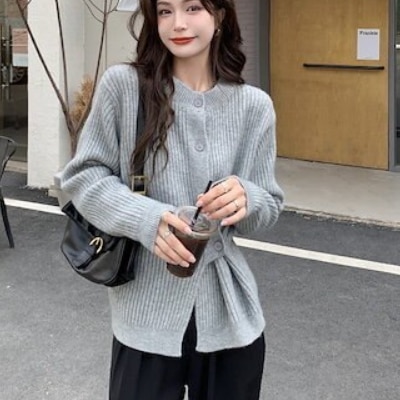 カーディガン 灰色 グレー 白 ベージュ 無地 定番 スタンダード 羽織 リブ 袖あり 長袖 襟なし