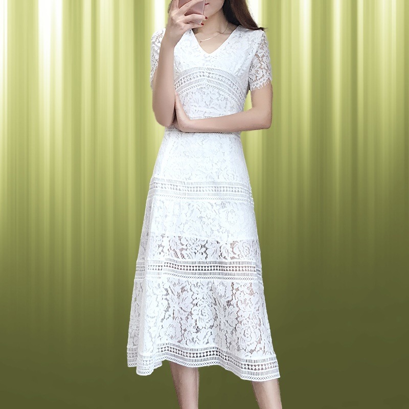 1498. 総レースVネックドレス(ホワイト)結婚式 お呼ばれ レストラン 2019 春夏 sale 女子会 同窓会