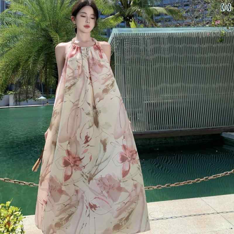 ワンピース リゾート レディース フレンチ 大きい バックレス ホルターネック ビーズ ドレス 大きいサイズ aライン プリント サスペンダー ロング ドレス 夏