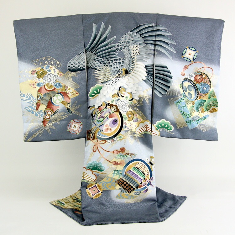 レンタル お宮参り 男の子 着物 レンタル グレー地に鷹と小槌籠手矢太鼓蔵お宮参り レンタル 衣装 男児 祝着　初着 産着 レンタル衣装