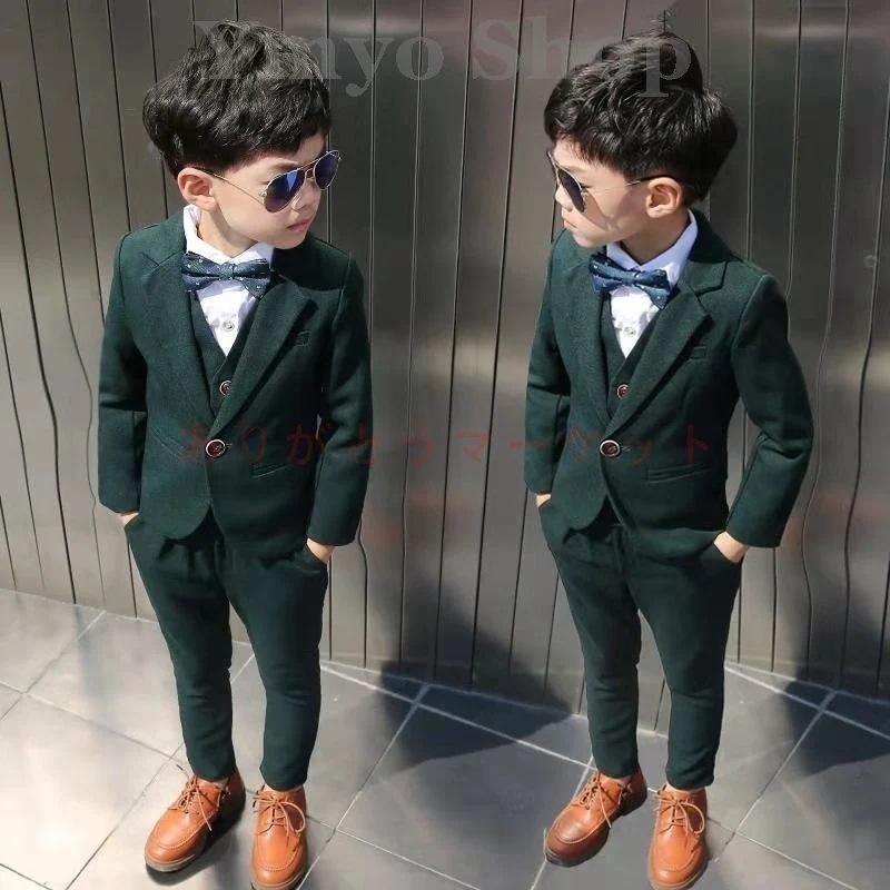 セール中 期間 男の子 スーツ 発表会 子供服 4点セット 子供スーツ 卒業式 緑 タキシード キッズスーツ+ベスト＋ズボン オリーブ+ 蝶ネクタイ 入学式