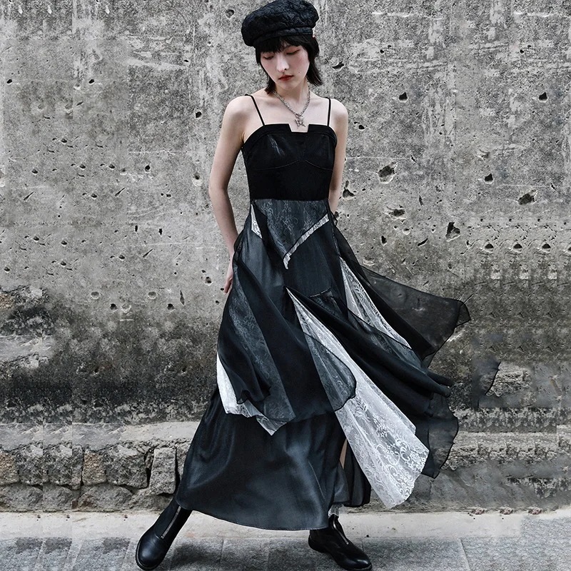 キャミソールワンピース マキシ丈 切り替えワンピース レイヤードワンピース 夏 ドレス 撮影 旅行 暗黒少女