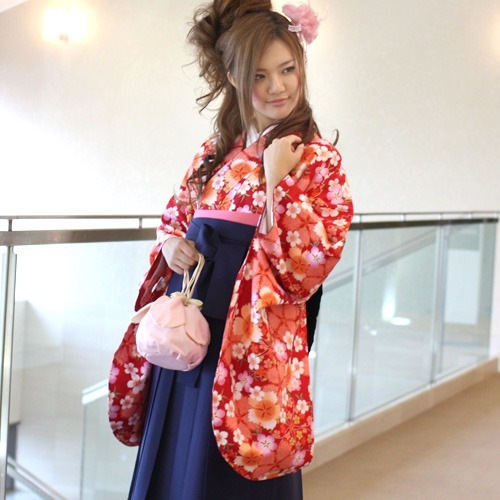 レンタル卒業式 袴 レンタル 女 袴セット 女 卒業式袴セット2尺袖着物＆袴 フルセットレンタル赤地に赤絞り調なでしことピンク桜安いハカマ はかま rental