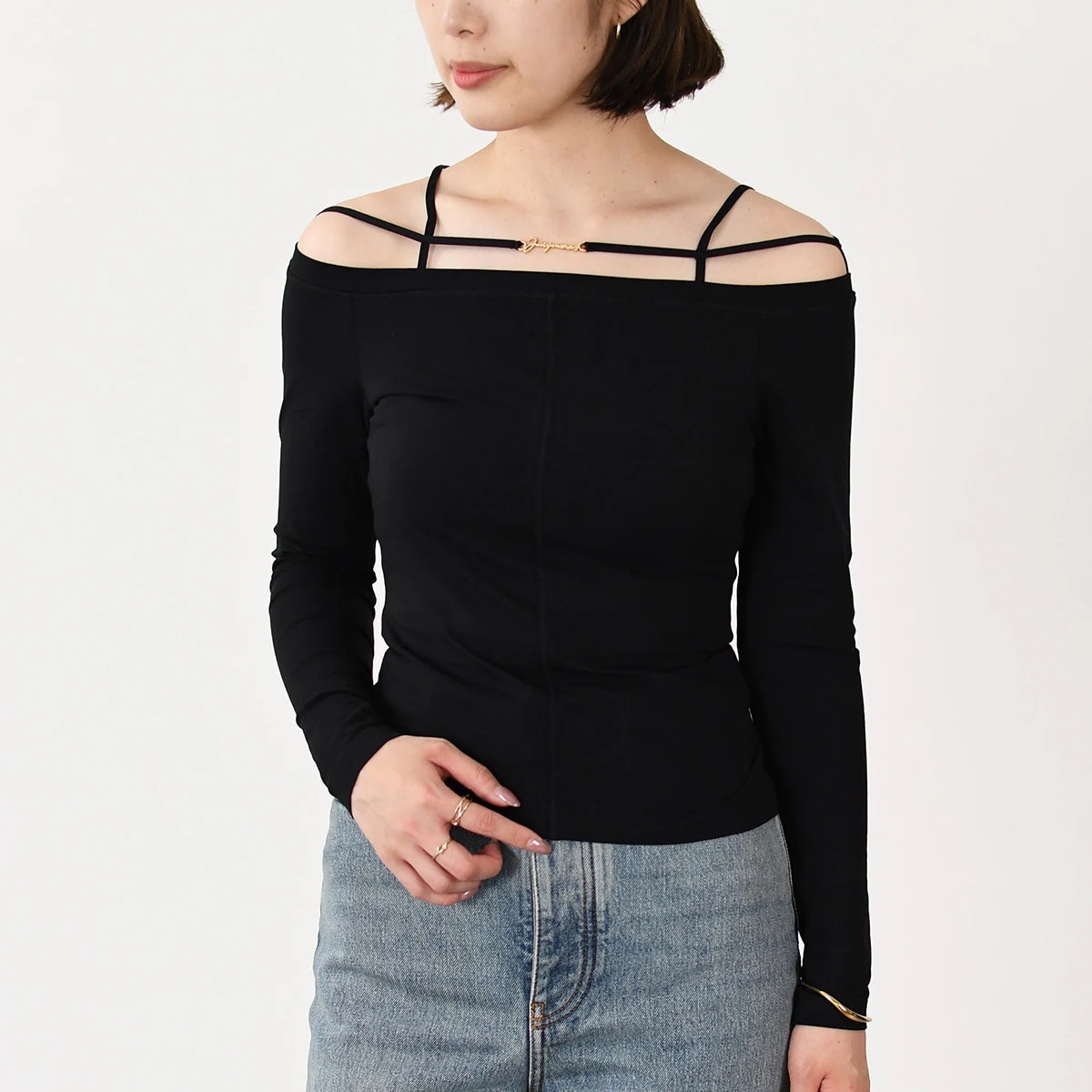 Tシャツ トップス カットソー シエラ LE T-SHIRT SIERR 233JS165 レディース ブラック オフショルダー ロゴチャーム 長袖 シアー 春 夏