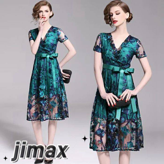 パーティードレス 結婚式 ワンピース 20代 30代 ワンピース Vネック 花柄刺繍 ウェディングドレス ウエディング ドレス 二次会 花嫁 ブライズメイド ミモレ丈 結婚式 入学式 演奏会用 お呼ば