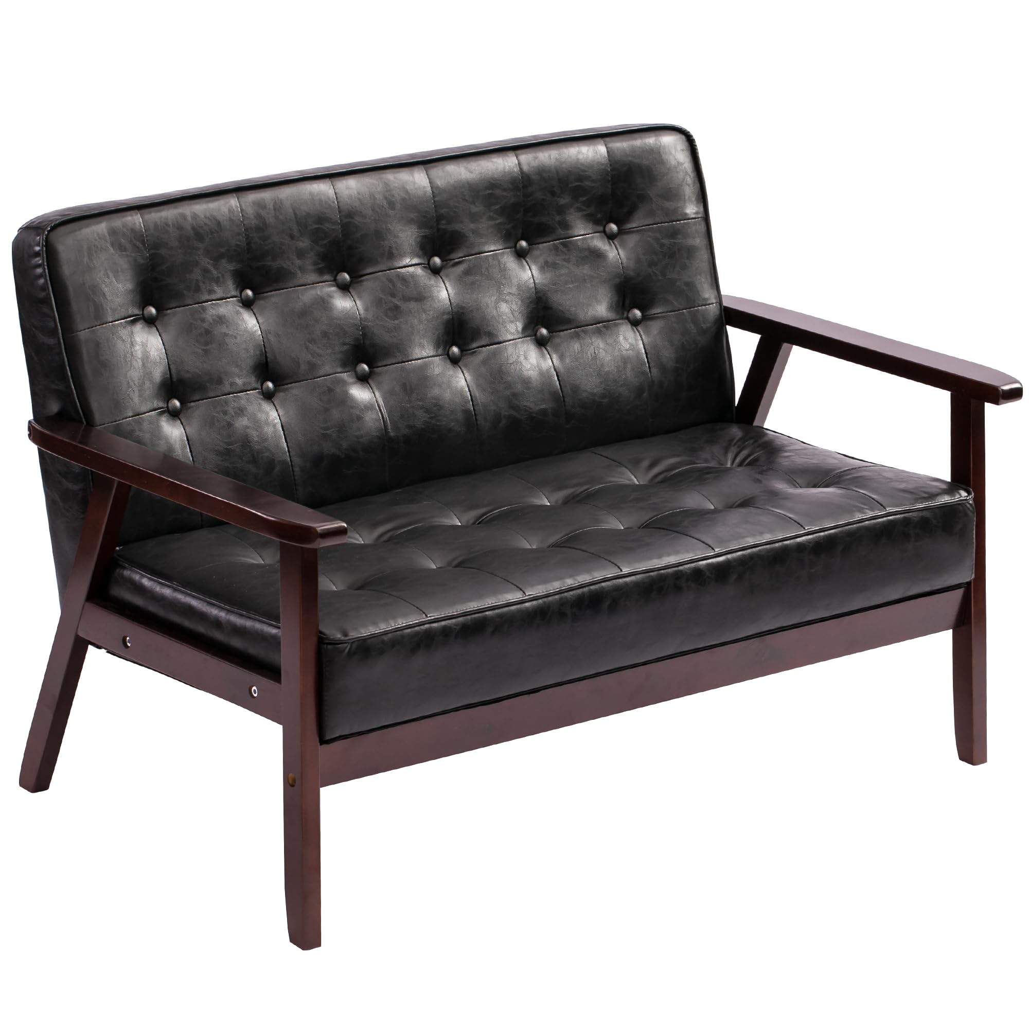 ソファ 2人掛け ソファー PUレザー 2Pソファ 肘付き 天然木脚 レトロモダン 幅112cm おしゃれ シンプル ブラック 672D