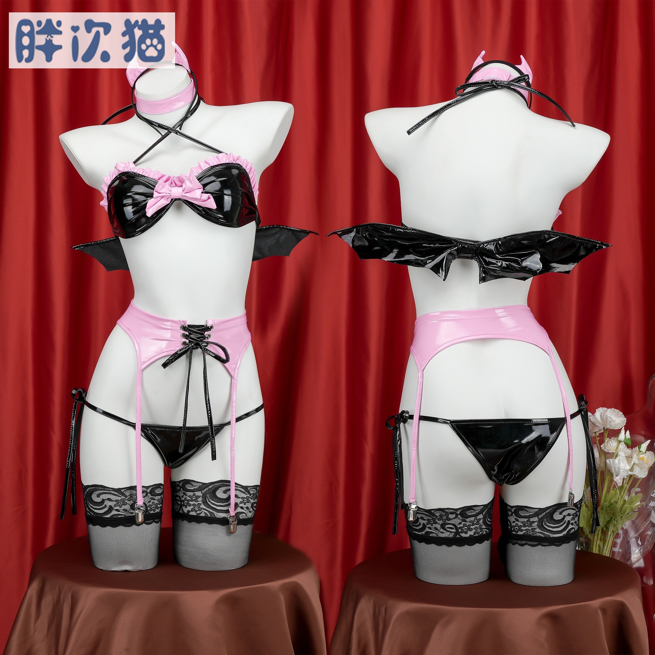 パテントレザーサキュバスビキニセット小悪魔セックス服レディースレースサスペンダーホーム服