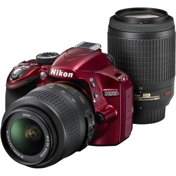【中古】ニコン Nikon D3200 200mmダブルズームキット レッド SDカード付き