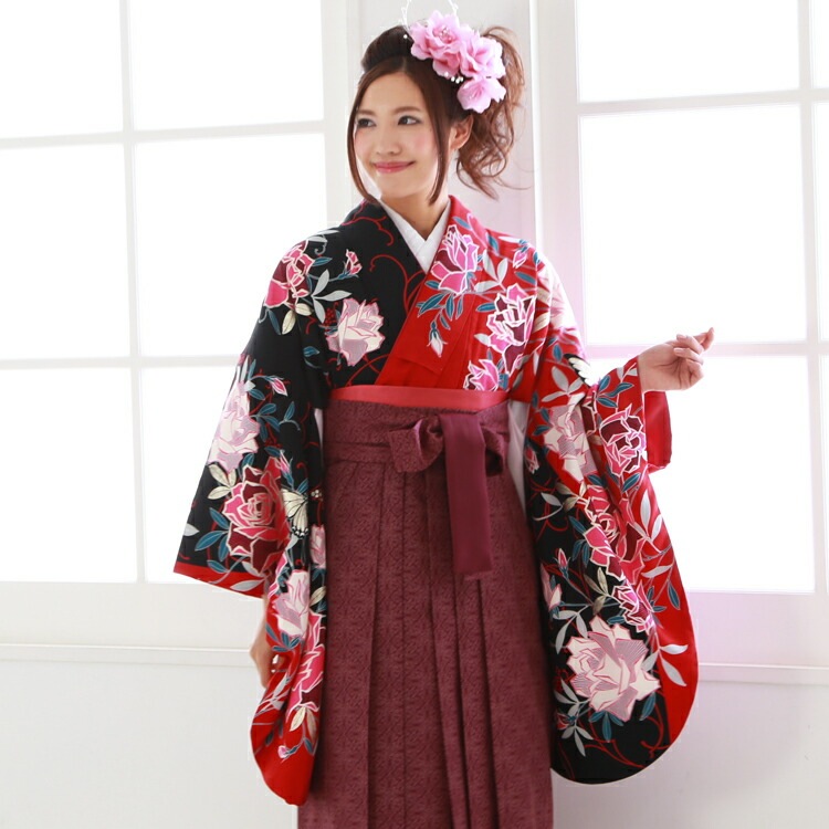 レンタル卒業式 袴 レンタル 女 袴セット 女 卒業式袴セット2尺袖着物＆袴 フルセットレンタル 安い赤と黒地にピンクバラと蝶人気ブランド CECIL McBEE セシルマクビー ハカマ はか