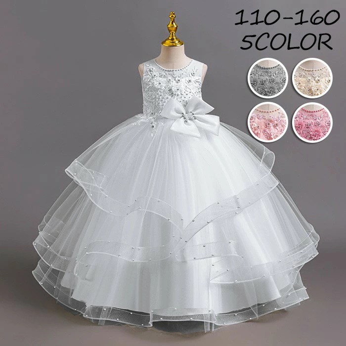 ドレス 発表会 結婚式 女の子 ワンピース 110-160 フォーマル 袖無し ノースリーブ ロング丈 リボン 花柄 ビジュー付き 子供 キッズドレス パーティドレス 上品 かわいい コンサート 舞台