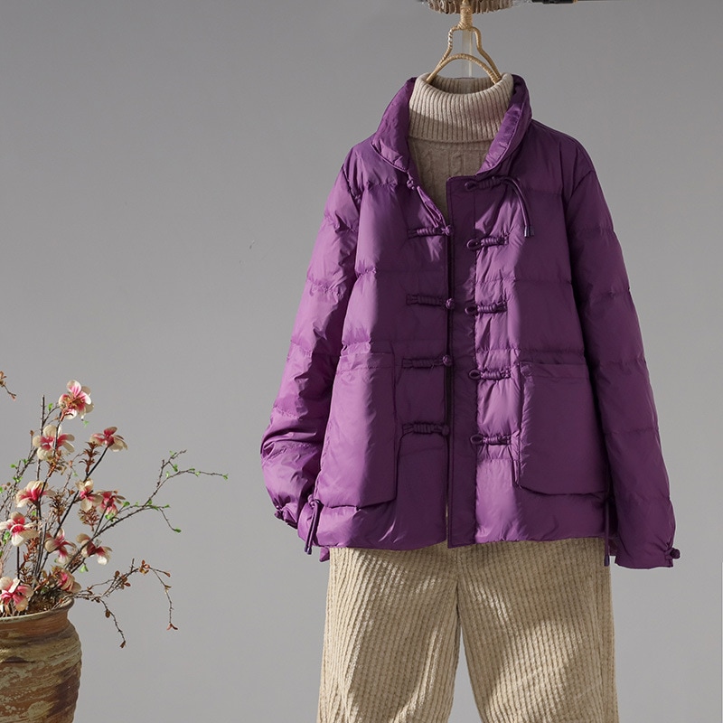 ホワイトダックダウンショートダウンジャケットレディース2022年冬新作ゆったり薄手スタンドカラーボタンエスニックスタイル大きいサイズジャケット 6,416円