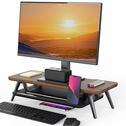 Fenge モニター台 机上台パソコン台 机上ラック 2段 木製天板 アルミニウム製脚 デスクトップ用 机上 モニタースタンド 机上台 pcモニター台 パソコンラック 卓上 収納 整理整頓 (ブラウン