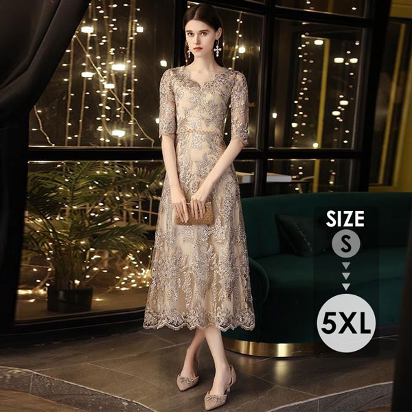 刺繍 パーティードレス レディース 総レース ワンピース ミモレ丈 シャンパン ワンピース ドレス 五分袖 結婚式 二次会 演奏会 ミディ丈ドレス 膝下丈 袖あり 袖付き 花柄レース ディナー 大きい